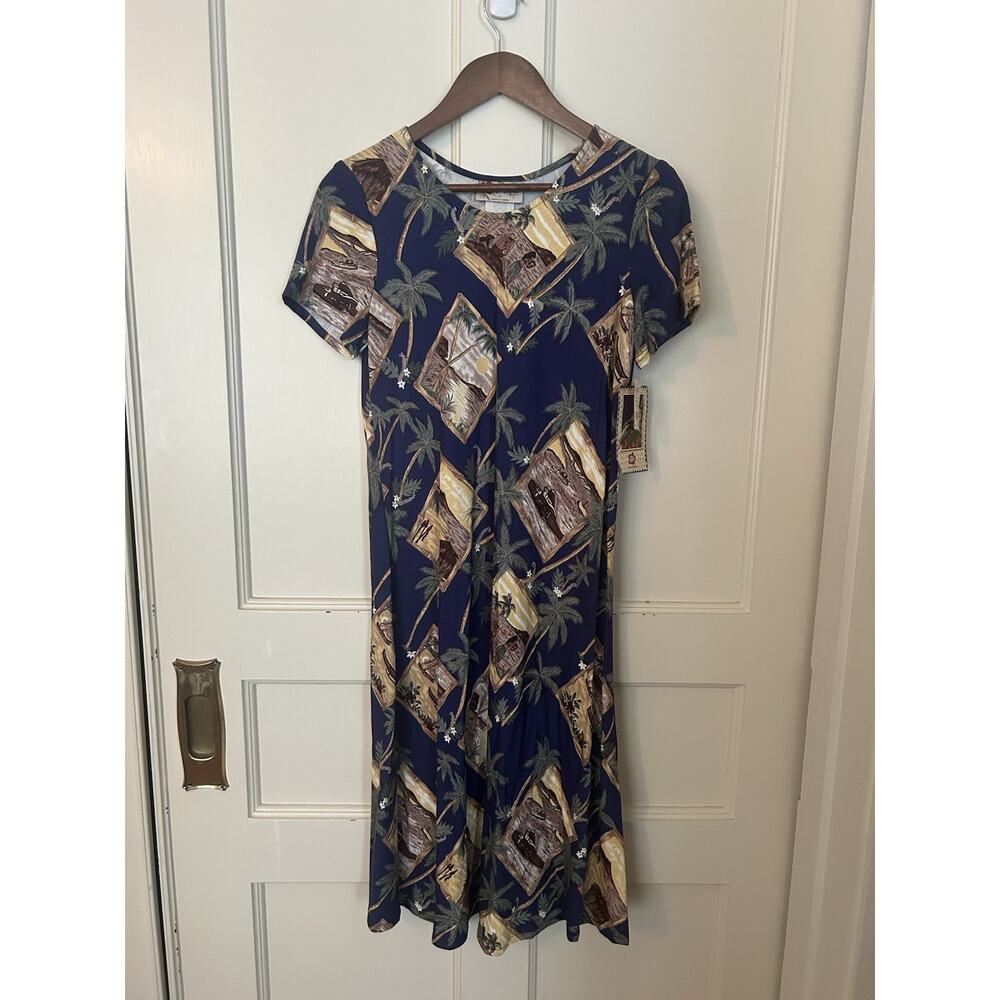 Vintage Hilo Hattie Tropical Hawaiin Midi Dress Womens Size XS Blue Travel NWT